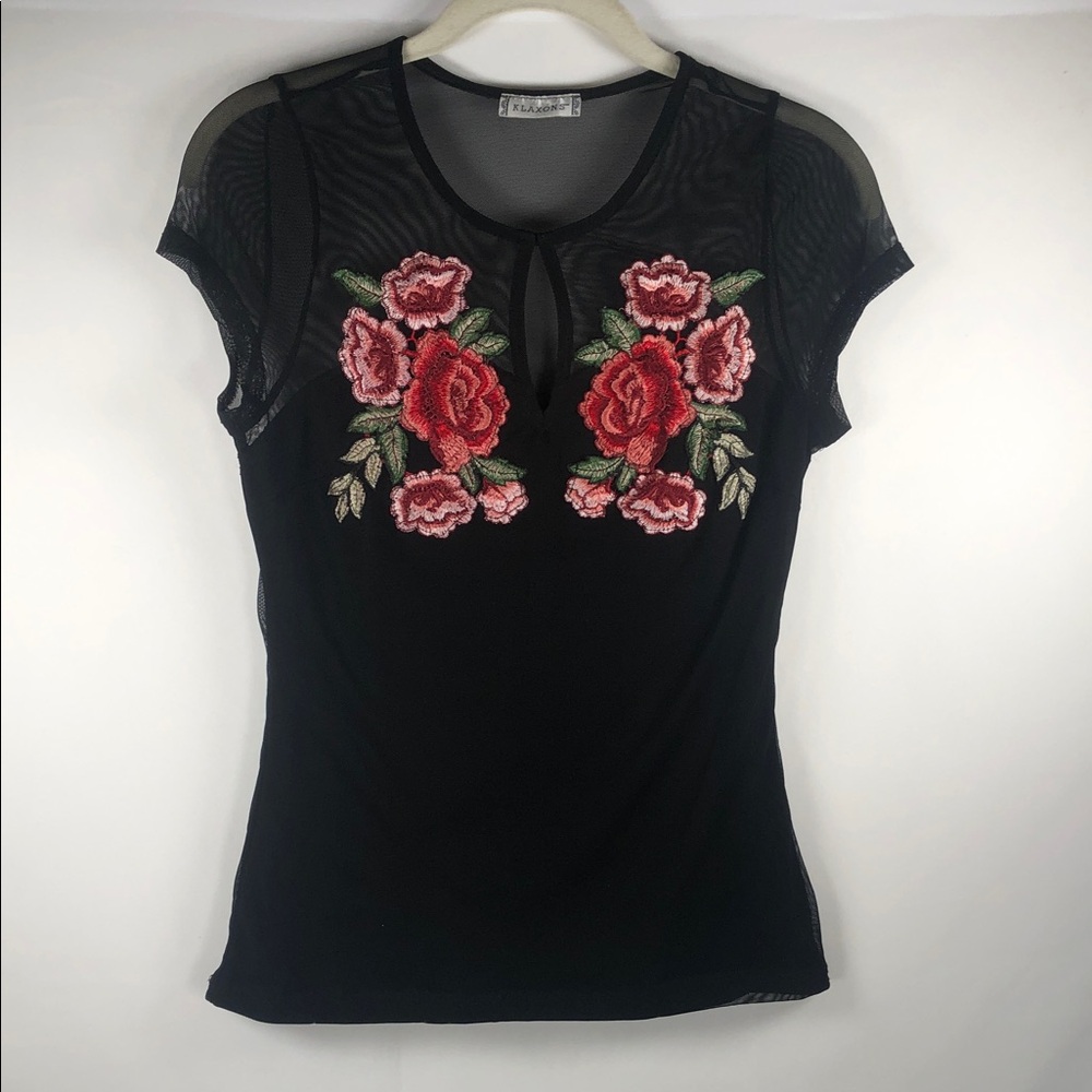 Floral Embroidered Black Sheer Mesh‎ Top